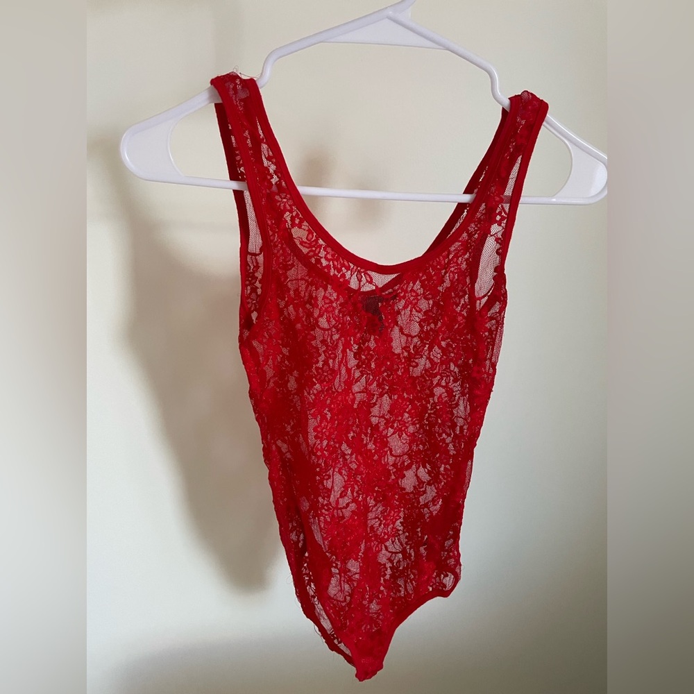 Forever 21 Red Floral Lace Tank Bodysuit
